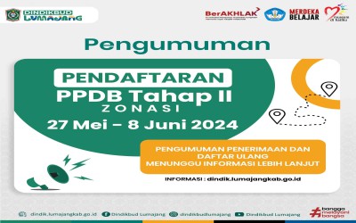 PENGUMUMAN PENDAFTARAN PPDB TAHAP II ZONASI 27 MEI - 8 JUNI 2024